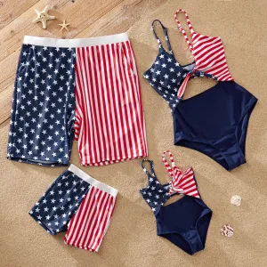 Independence Day Family Matching Star & Striped Spliced Knot Front Cut Out One-piece Swimsuit or Swim Trunks Shorts #884225