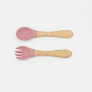 2-pack Baby Silicone Fork and Spoon with Wood Handle Baby Toddler Tableware Dishes Self-Feeding Utensils Set for Self-Training #196914