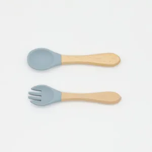 2-pack Baby Silicone Fork and Spoon with Wood Handle Baby Toddler Tableware Dishes Self-Feeding Utensils Set for Self-Training #196915