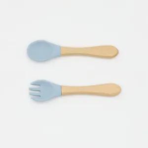 2-pack Baby Silicone Fork and Spoon with Wood Handle Baby Toddler Tableware Dishes Self-Feeding Utensils Set for Self-Training #196916
