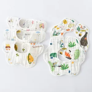 2Pcs 100% Cotton 360Â° Baby Bibs Petal Shape Cartoon Print Bibs for Feeding & Drooling & Teething