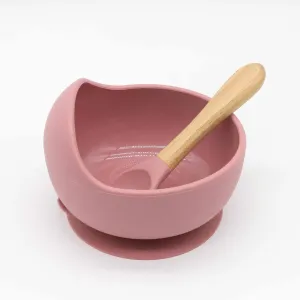 2Pcs Baby Silicone Suction Bowl and Spoon with Wood Handle Baby Toddler Tableware Dishes Self-Feeding Utensils Set for Self-Training #225613