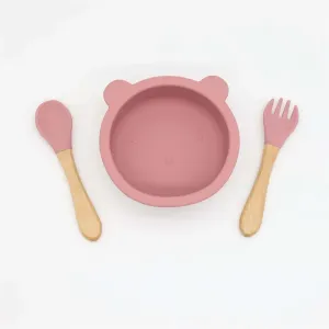 3-pack Baby Cute Cartoon Bear Silicone Suction Bowl and Fork Spoon with Wooden Handle Baby Toddler Tableware Dishes Self-Feeding Utensils Set for Self #196911
