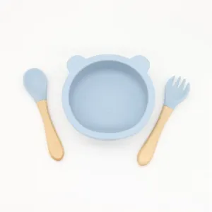 3-pack Baby Cute Cartoon Bear Silicone Suction Bowl and Fork Spoon with Wooden Handle Baby Toddler Tableware Dishes Self-Feeding Utensils Set for Self #196912