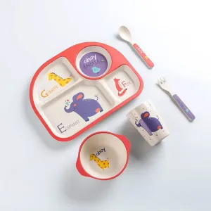 5Pcs Bamboo Fiber Kids Dinnerware Set Cartoon Feeding Tableware Includes Plate & Bowl & Cup & Fork & Spoon Utensils #211784