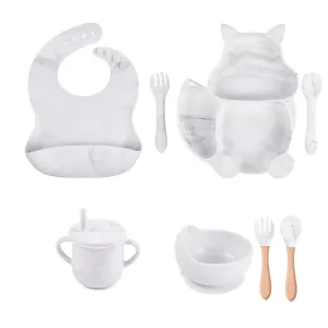 8Pcs Silicone Baby Feeding Tableware Set Includes Suction Bowl & Divided Plates & Adjustable Bib & Straw Sippy Cup with Lid & Forks & Spoons #799084