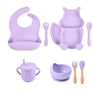 8Pcs Silicone Baby Feeding Tableware Set Includes Suction Bowl & Divided Plates & Adjustable Bib & Straw Sippy Cup with Lid & Forks & Spoons #799085