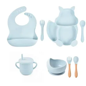 8Pcs Silicone Baby Feeding Tableware Set Includes Suction Bowl & Divided Plates & Adjustable Bib & Straw Sippy Cup with Lid & Forks & Spoons #799086