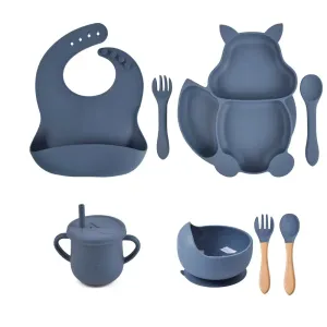 8Pcs Silicone Baby Feeding Tableware Set Includes Suction Bowl & Divided Plates & Adjustable Bib & Straw Sippy Cup with Lid & Forks & Spoons #799087