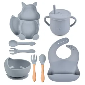 8Pcs Silicone Baby Feeding Tableware Set Includes Suction Bowl & Divided Plates & Adjustable Bib & Straw Sippy Cup with Lid & Forks & Spoons #799089