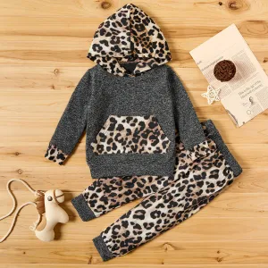 2-piece Baby / Toddler Girl Leopard Pattern Hoodie and Colorblock Pants Set #186916