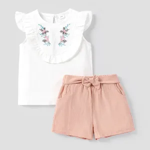 2-piece Baby / Toddler Girl Pretty Floral Embroidery Top and Solid Shorts Sets #813395