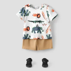 2-piece Toddler Boy Animal Print Short-sleeve Tee and Elasticized Khaki Shorts Set