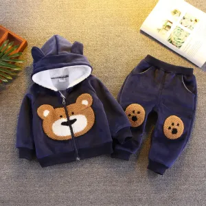 2-piece Toddler Boy Bear Embroidery Ear Decor Fluffy Jacket and Pants Casual Set #1025923