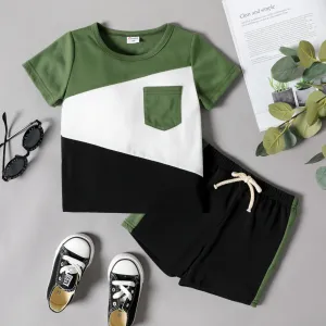 2-piece Toddler Boy Colorblock Pocket Design Tee and Elasticized Shorts Set #825287