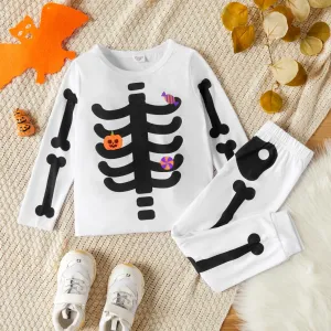 2-piece Toddler Boy/Girl Halloween Pumpkin Bone Print Pullover and Elasticized Pants Set #1032165