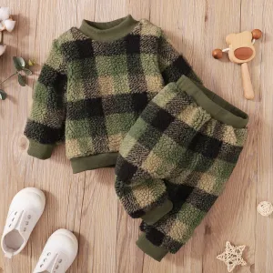 2-piece Toddler Boy Plaid Fuzzy Pullover Sweatshirt and Pants Set #194043