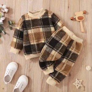 2-piece Toddler Boy Plaid Fuzzy Pullover Sweatshirt and Pants Set #194053