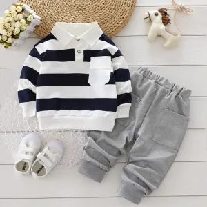 2-piece Toddler Boy Stripe Polo shirt and Grey Pants Set #193792