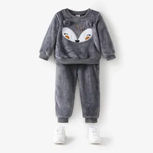2-piece Toddler Girl/Boy Fox Pattern Ear Design Fuzzy Sweatshirt and Pants Set #195246