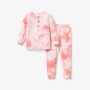 2-piece Toddler Girl/Boy Tie Dye Long-sleeve Ribbed Henley Shirt and Elasticized Pants Set #192253