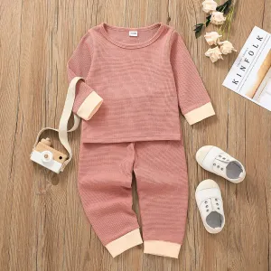 2-piece Toddler Girl/Boy Waffle Knit Long-sleeve Top and Elasticized Pants Casual Set #192385