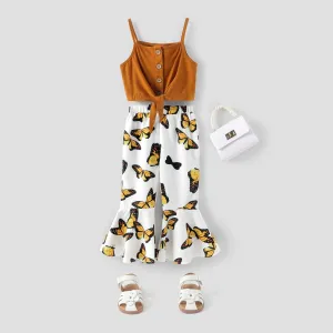 2-piece Toddler Girl Button Design Tie Knot Camisole Tank and Butterfly Print Flared Pants Set #800635