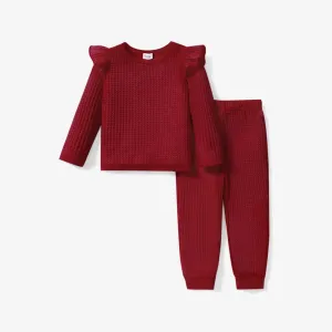 2-piece Toddler Girl Ruffled Textured Long-sleeve Top and Solid Color Pants Set #194416