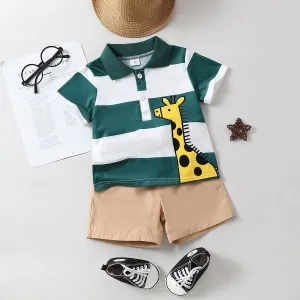 2pc Toddler Boy Giraffe-patterned Shirt Collar Top and Pants Set #1319455
