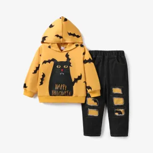 2pcs 100% Cotton Toddler Boy Halloween Avant-garde Bat Pattern Hooded Set #1067944