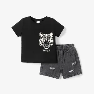 2pcs Toddler Boy 100% Cotton Tiger Graphic Short-sleeve Tee and Cotton Ripped Denim Shorts Set #1039691