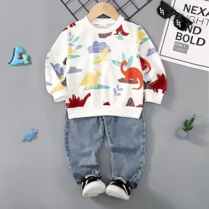 2pcs Toddler Boy Allover Dinosaur Print Long-sleeve Tee and 95% Cotton Pockets  Denim Jeans Set #1054722
