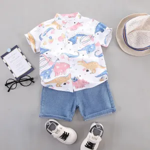 2pcs Toddler Boy Allover Dinosaur Print Short-sleeve Cotton Shirt and Denim Shorts Set #1039672