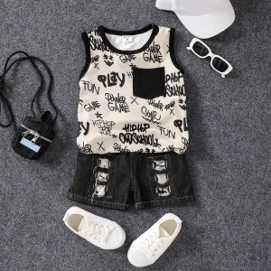 2pcs Toddler Boy Allover Letter Print Patch Pocket Tank Top and Cotton Ripped Denim Shorts Set #1040066