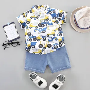 2pcs Toddler Boy Allover Vehicle Print Short-sleeve Cotton Shirt and Denim Shorts Set #1039825