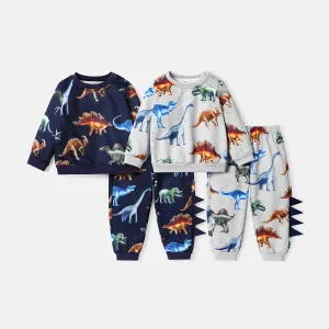 2pcs Toddler Boy Animal Dinosaur Print Sweatshirt and Elasticized Pants set #776668