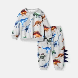 2pcs Toddler Boy Animal Dinosaur Print Sweatshirt and Elasticized Pants set #776673