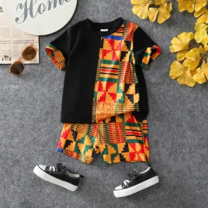 2pcs Toddler Boy Bohemia Ethnic Fabric Stitching Top and Shorts Set #1331430