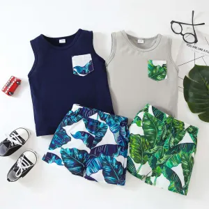 2pcs Toddler Boy Boho Pocket Design Tank Top and Floral Leaf Print Shorts Set #801016