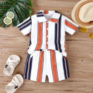 2pcs Toddler Boy Boho Stripe Lapel Collar Shirt and Shorts Set #729605