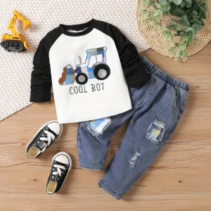 2pcs Toddler Boy Bulldozer Patterned Long Sleeves Top and Denim Pants Sets #1062632