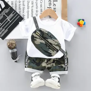 2pcs Toddler Boy Casual Camouflage Print Bag Design Tee & Letter Print Shorts Set #829944