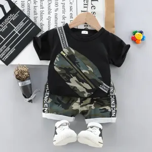 2pcs Toddler Boy Casual Camouflage Print Bag Design Tee & Letter Print Shorts Set #829949