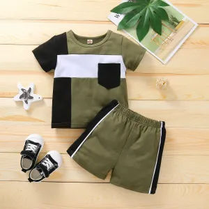 2pcs Toddler Boy Casual Colorblock Pocket Design Tee & Shorts Set #829830