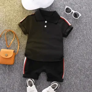 2pcs Toddler Boy Casual Colorblock Striped Polo Shirt and Shorts Set #1262631