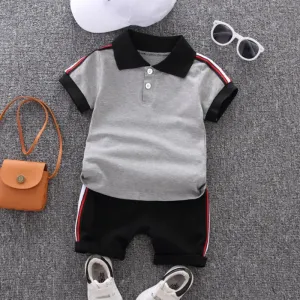 2pcs Toddler Boy Casual Colorblock Striped Polo Shirt and Shorts Set #800596
