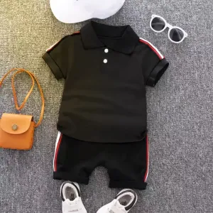 2pcs Toddler Boy Casual Colorblock Striped Polo Shirt and Shorts Set #891945