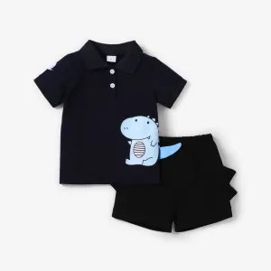 2pcs Toddler Boy Casual Dinosaur Print Polo Shirt & Spike Design Shorts Set #198805