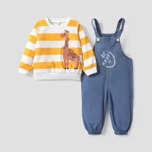 2pcs Toddler Boy Childlike Giraffe Animal Pattern Top/ Button/Secret Button Design Overalls Sets #1167952