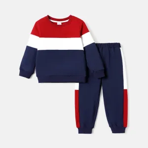 2pcs Toddler Boy Colorblock Cotton Pullover Sweatshirt and Elasticized Pants Set #235734